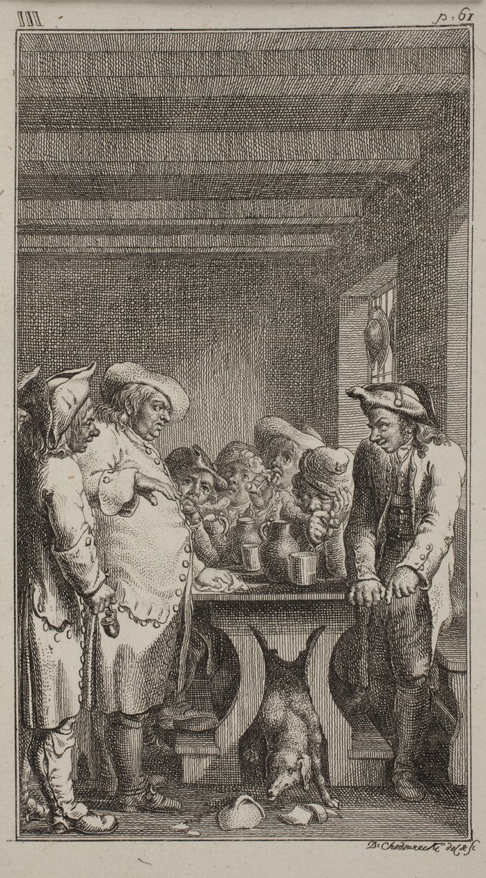 El perro del esquilador lame el agua teñida, de un recipiente roto bajo la mesa, alrededor de la cual se sientan 4 campesinos, y 3 están de pie, fumando tabaco y bebiendo. ob. III, p. 61. de Daniel Nikolaus Chodowiecki