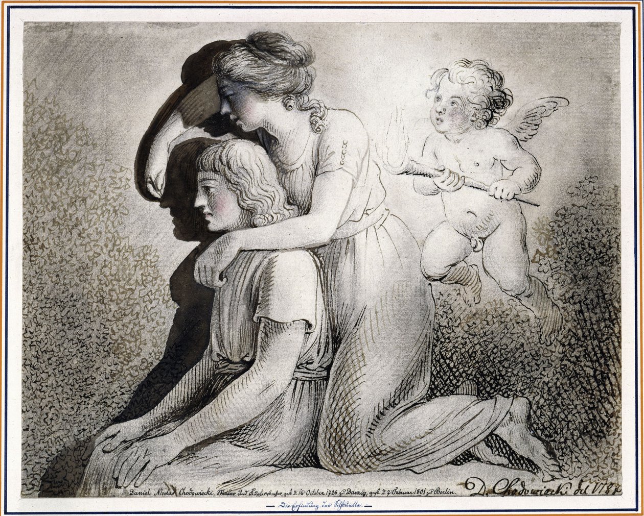 El descubrimiento del arte del dibujo: una niña, animada por Cupido, dibuja en la pared la silueta de un joven sentado a su izquierda. de Daniel Nikolaus Chodowiecki