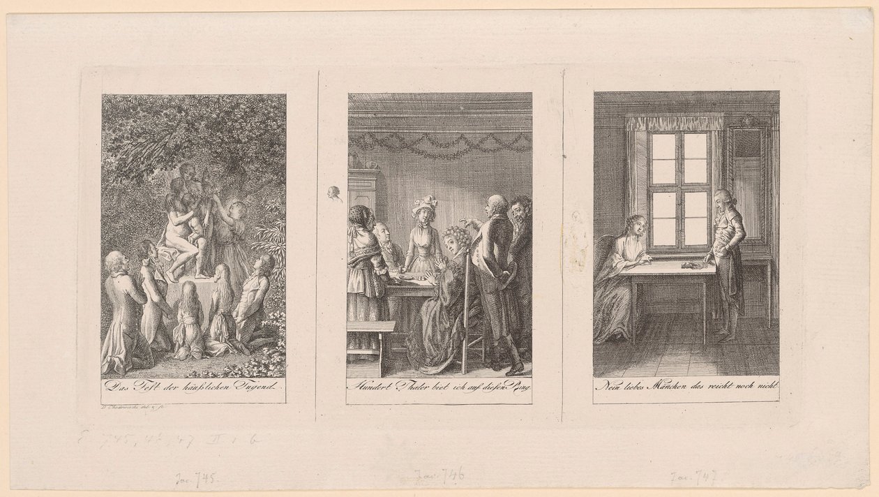 Tres láminas para el «Libro de bolsillo [...] para 1795» de Ehrenberg de Daniel Nikolaus Chodowiecki