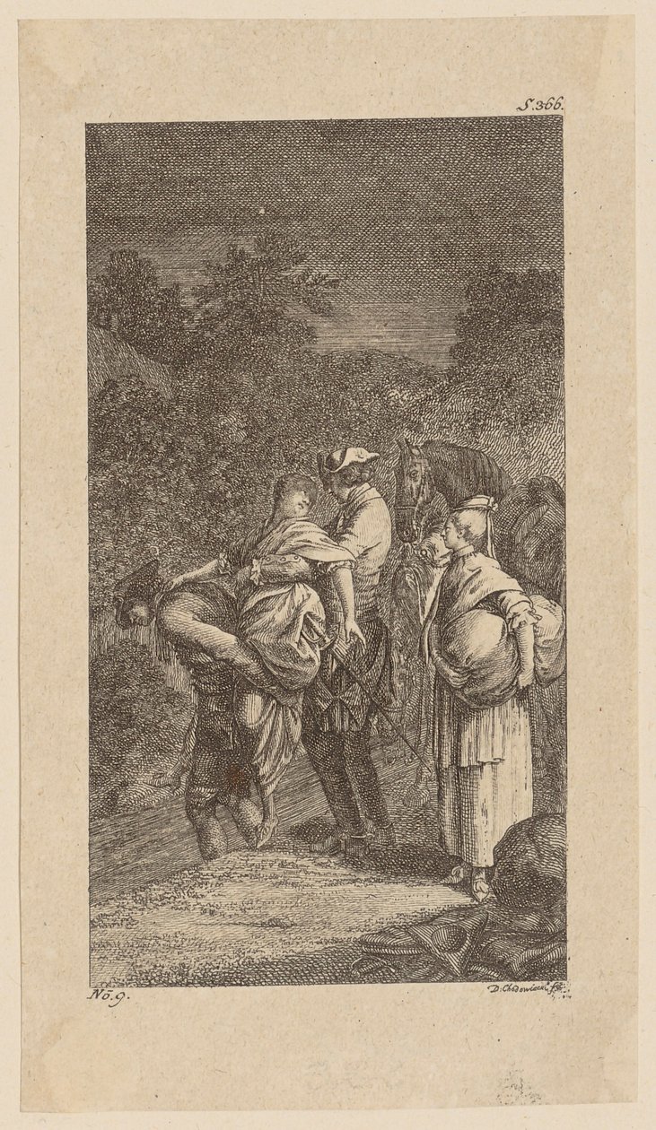 Secuestro de la señorita Martha Tilston y Alithea Landsoy, página 8 de «Vida, observaciones y opiniones de Johann Bunkel» de Daniel Nikolaus Chodowiecki