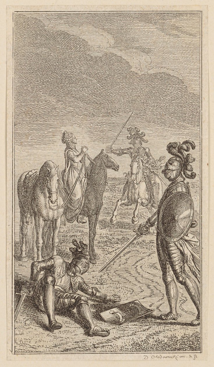 Rapto, o el caballero Karl von Eichenhorst y la señorita Gertrude von Hochburg, hoja de la primera edición de "Poemas de Gottfried August Bürger" de Daniel Nikolaus Chodowiecki