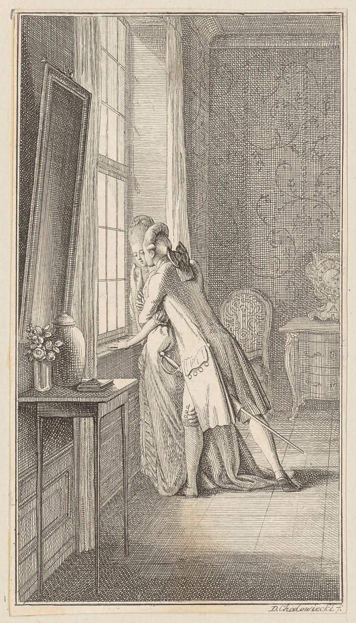 Ferdiner abraza a Elise en la ventana de Daniel Nikolaus Chodowiecki