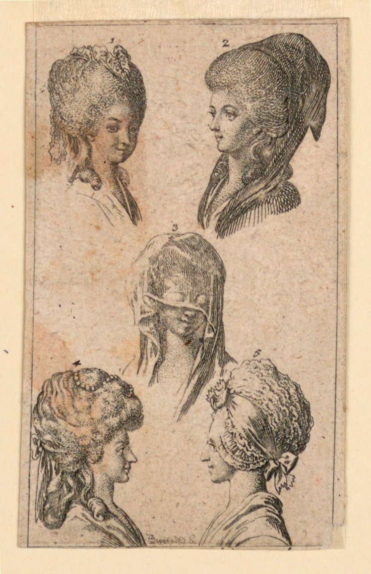 Cinco tocados, como los usan las mujeres de Berlín, ilustración para "Königl: Grosbrit [anische] Genealogischer Kalender auf das 1782 Jahr Lauenberg bey J.G. Berenberg" de Daniel Nikolaus Chodowiecki