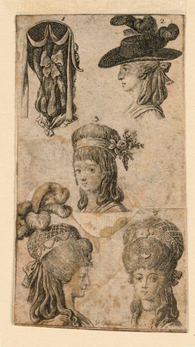 Cinco tocados para mujeres, dos fragmentos de ilustraciones para "Calendario genealógico real británico para el año 1781 Lauenberg por J.G. Berenberg" de Daniel Nikolaus Chodowiecki