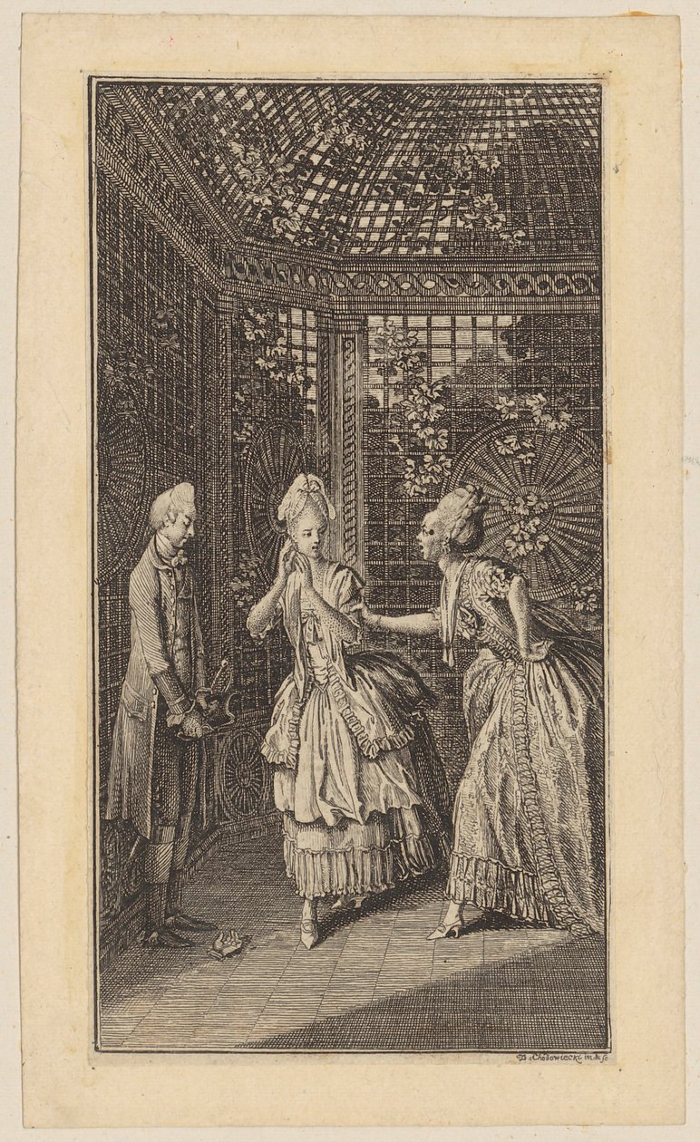 La señora von Hohenauf sorprende a Mariane con un bebé en la glorieta del jardín de Daniel Nikolaus Chodowiecki