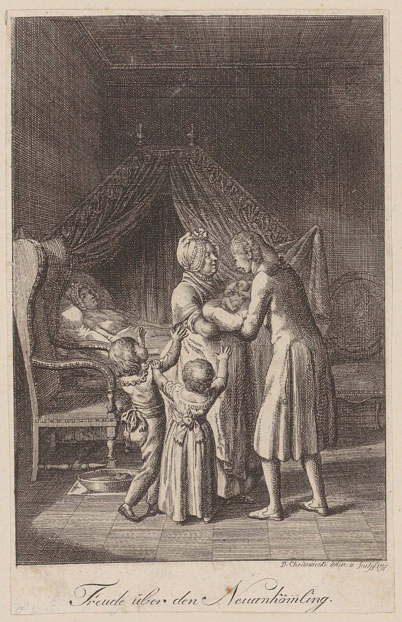 Alegría por el recién llegado [Parto] de Daniel Nikolaus Chodowiecki