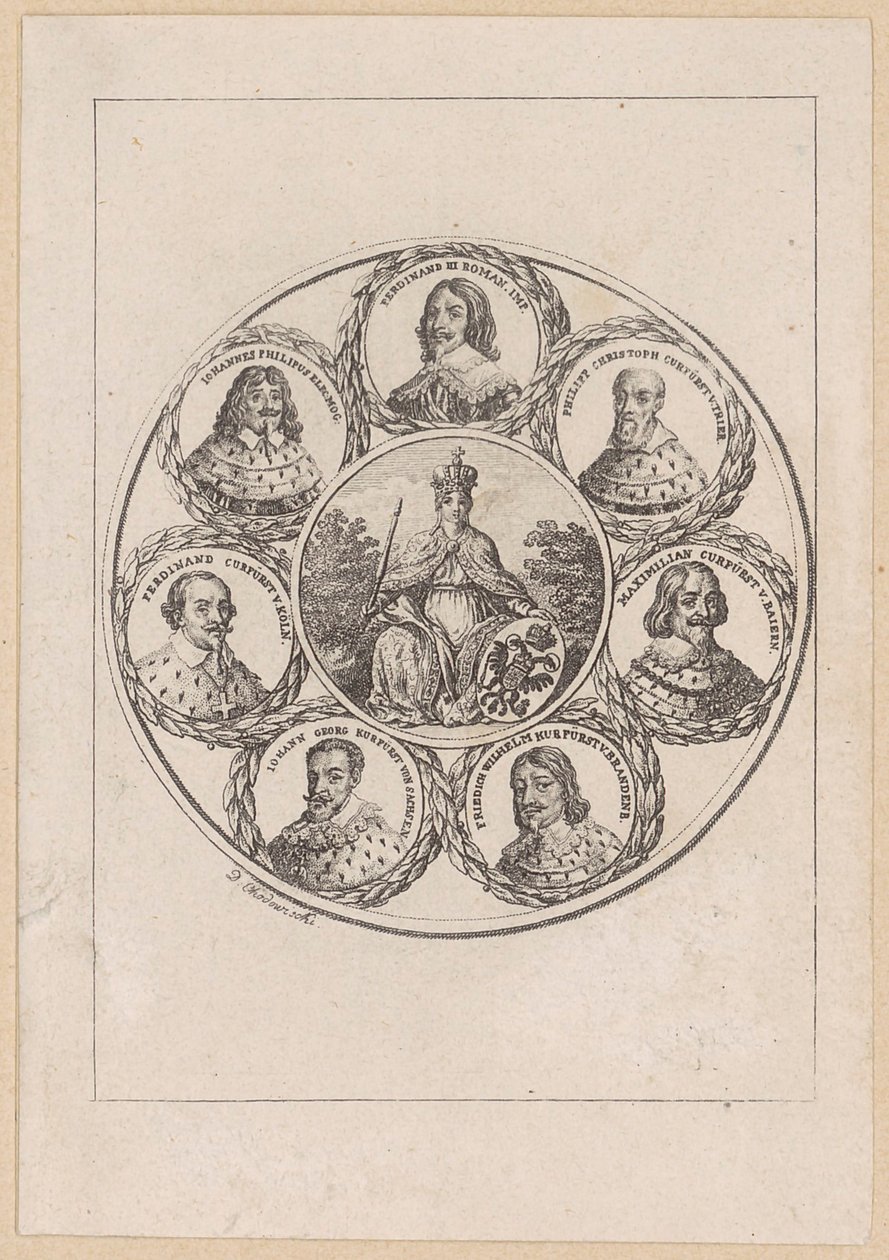 Germania con los retratos del emperador Fernando III y de seis príncipes electores de la época de la Guerra de los Treinta Años de Daniel Nikolaus Chodowiecki