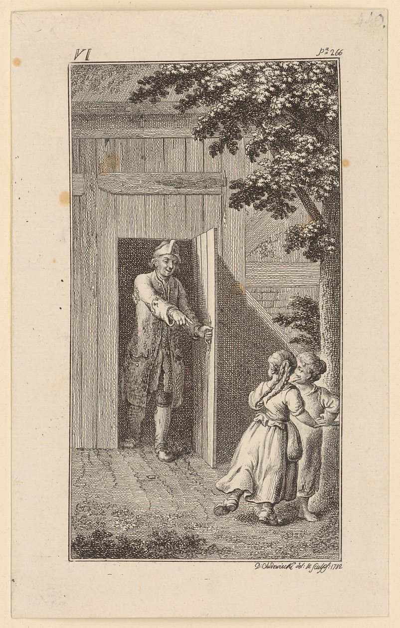 Lise, la hija de Gertrud, le pasó a Reutimarxen un trozo de pan de Betheli, y él lo vio. de Daniel Nikolaus Chodowiecki