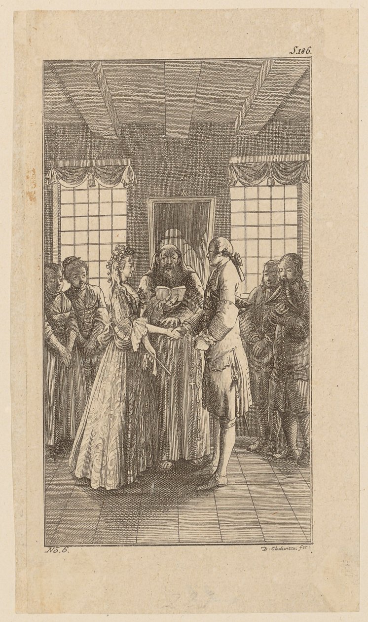 El matrimonio con la señorita Melmoth, página 6 de «Vida, observaciones y opiniones de Johann Bunkel» de Daniel Nikolaus Chodowiecki
