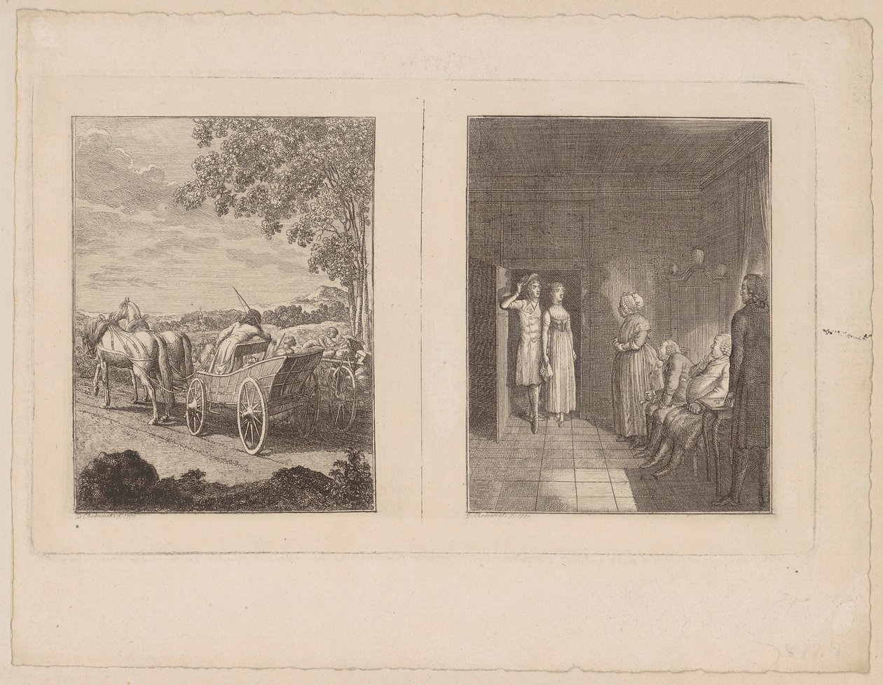 Hermann ha alcanzado a los desplazados [izquierda]; Herrmann acompaña a Dorothea a la casa de sus padres [derecha] de Daniel Nikolaus Chodowiecki