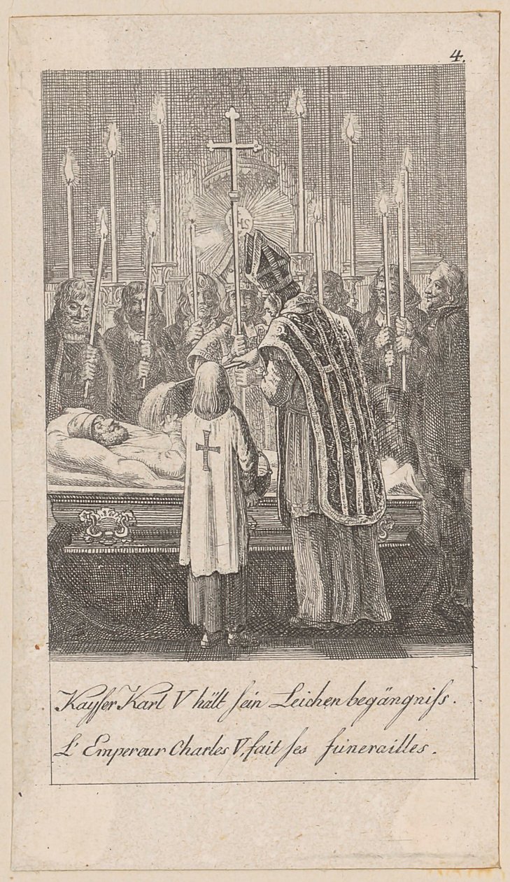 El emperador Carlos V celebra sus propios funerales, lámina 4 de la serie «Historia antigua, medieval y moderna» de Daniel Nikolaus Chodowiecki
