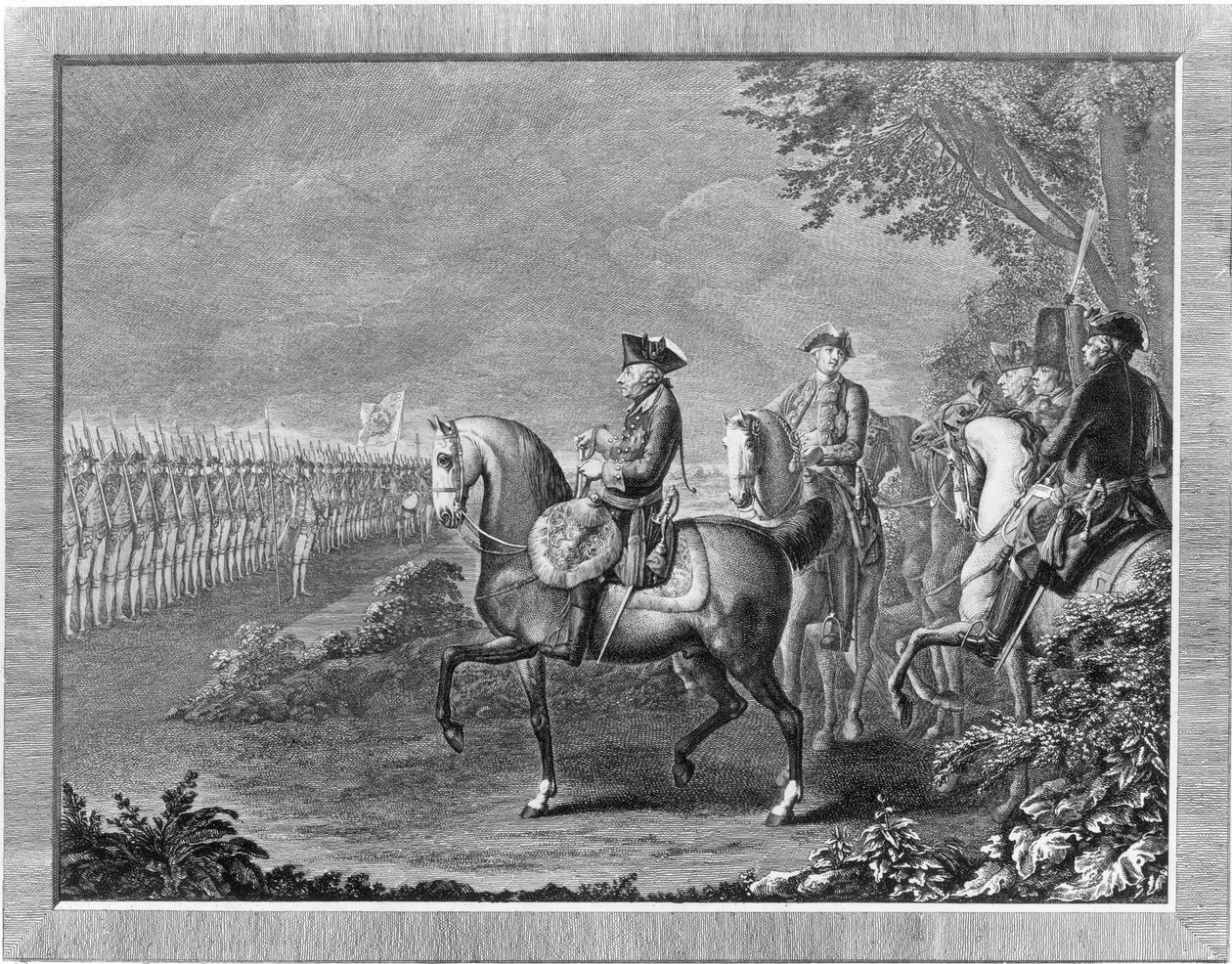 El rey Federico II. Desfile de la guardia en Potsdam de Daniel Nikolaus Chodowiecki