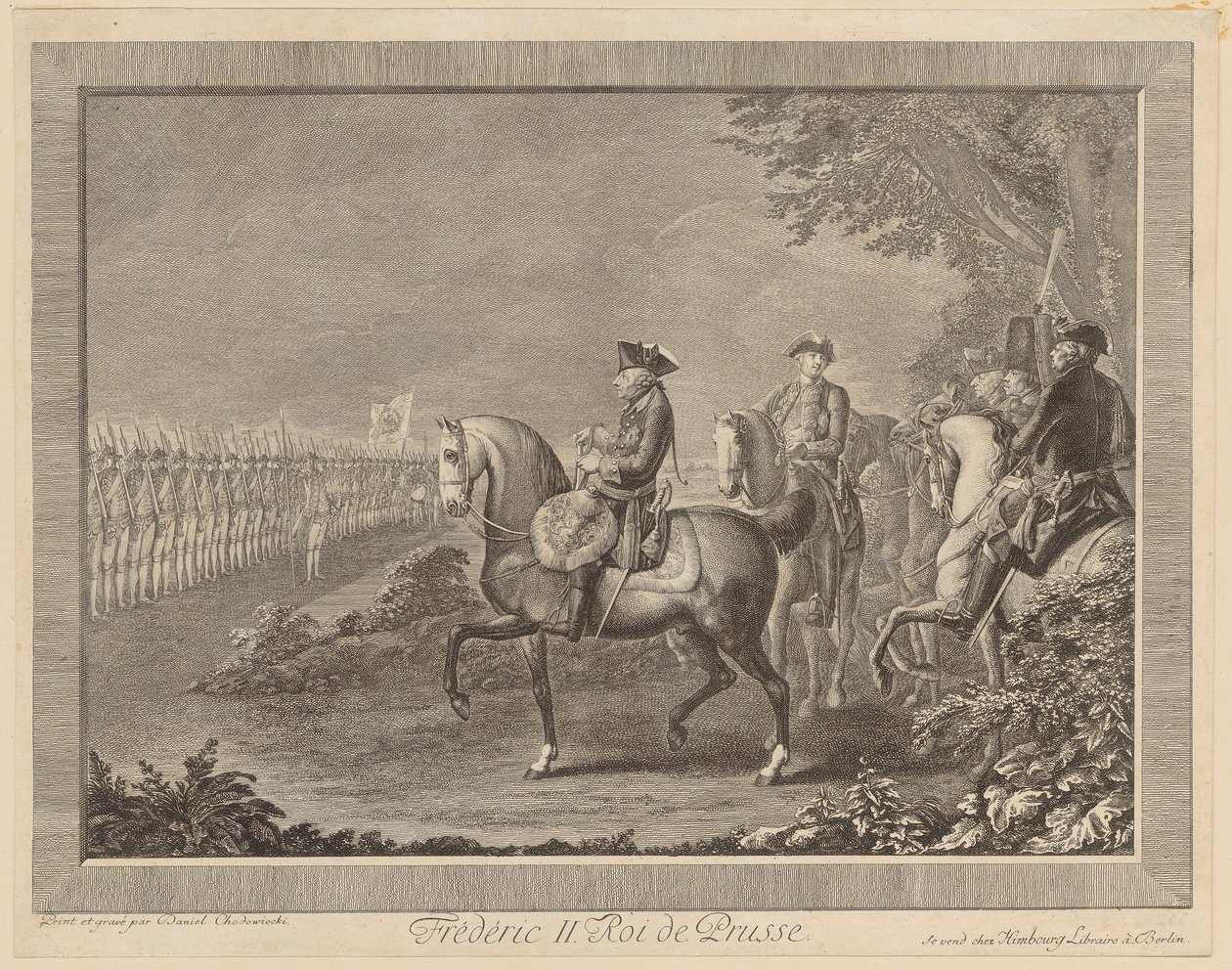 El rey Federico II de Prusia, desfile de la guardia en Potsdam de Daniel Nikolaus Chodowiecki