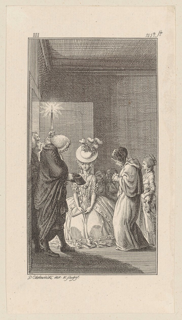 Lady Vincent, acompañada de Lady Brunk, Whitefield y un clérigo, entra en la sala de Daniel Nikolaus Chodowiecki
