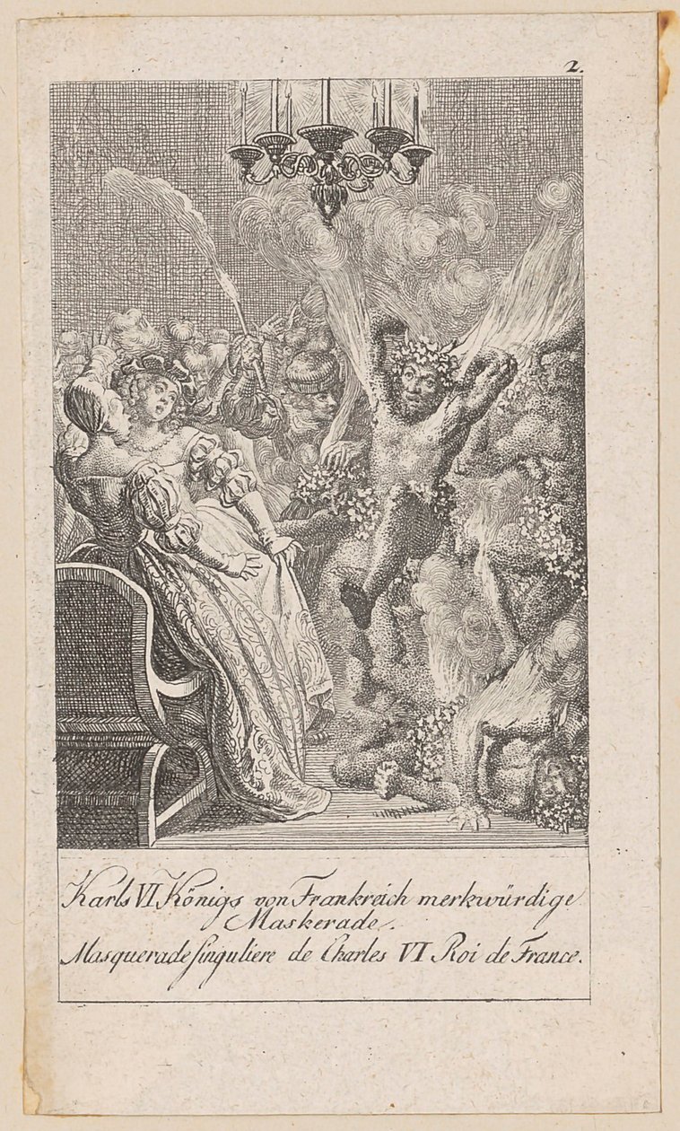 Notable mascarada de Carlos VI de Francia, lámina 2 de la serie «Historia antigua, medieval y moderna» de Daniel Nikolaus Chodowiecki