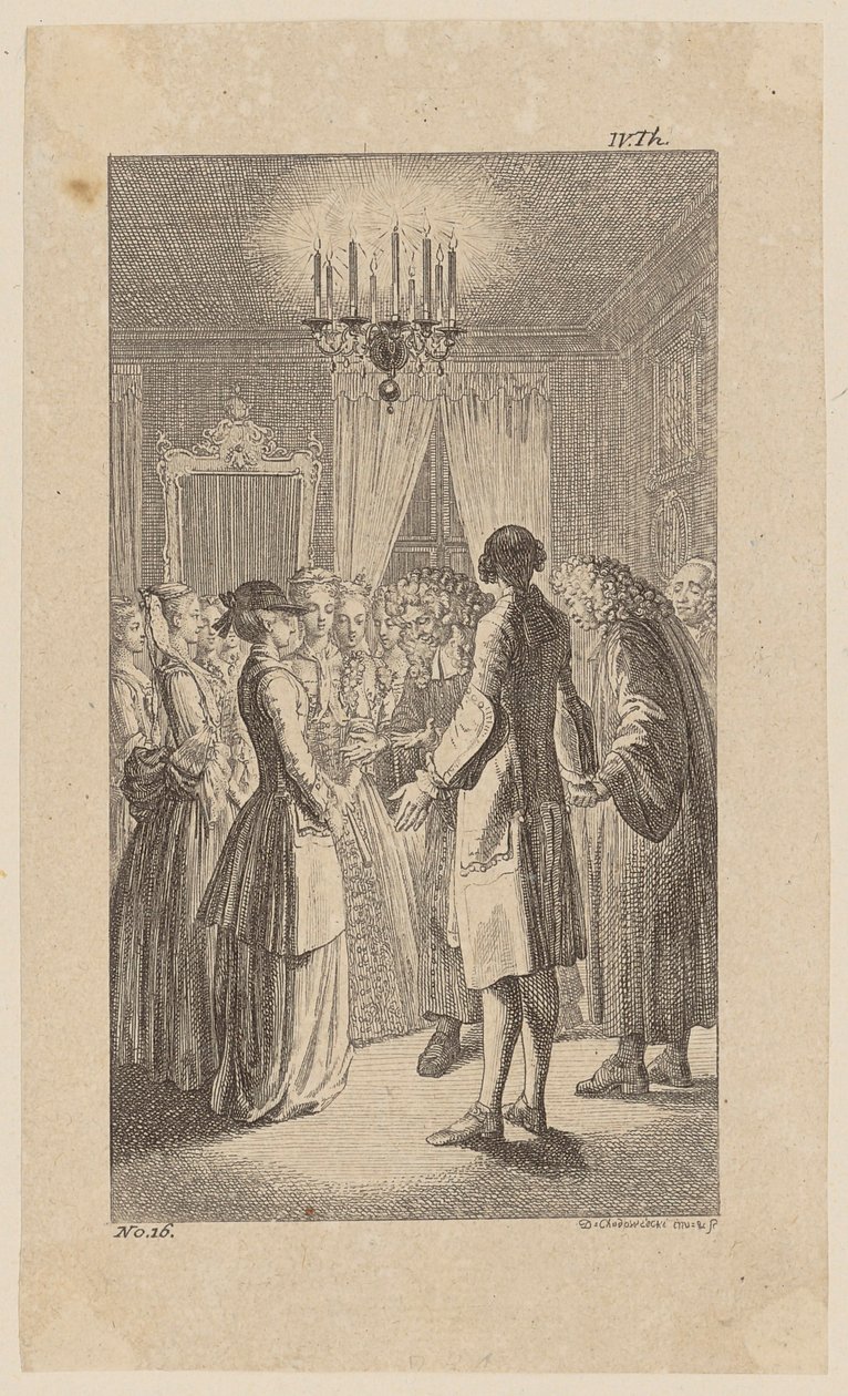 La señorita West, en la habitación de Comus, acepta el acuerdo matrimonial; página 16 de «Vida, observaciones y opiniones de Johann Bunkel». de Daniel Nikolaus Chodowiecki