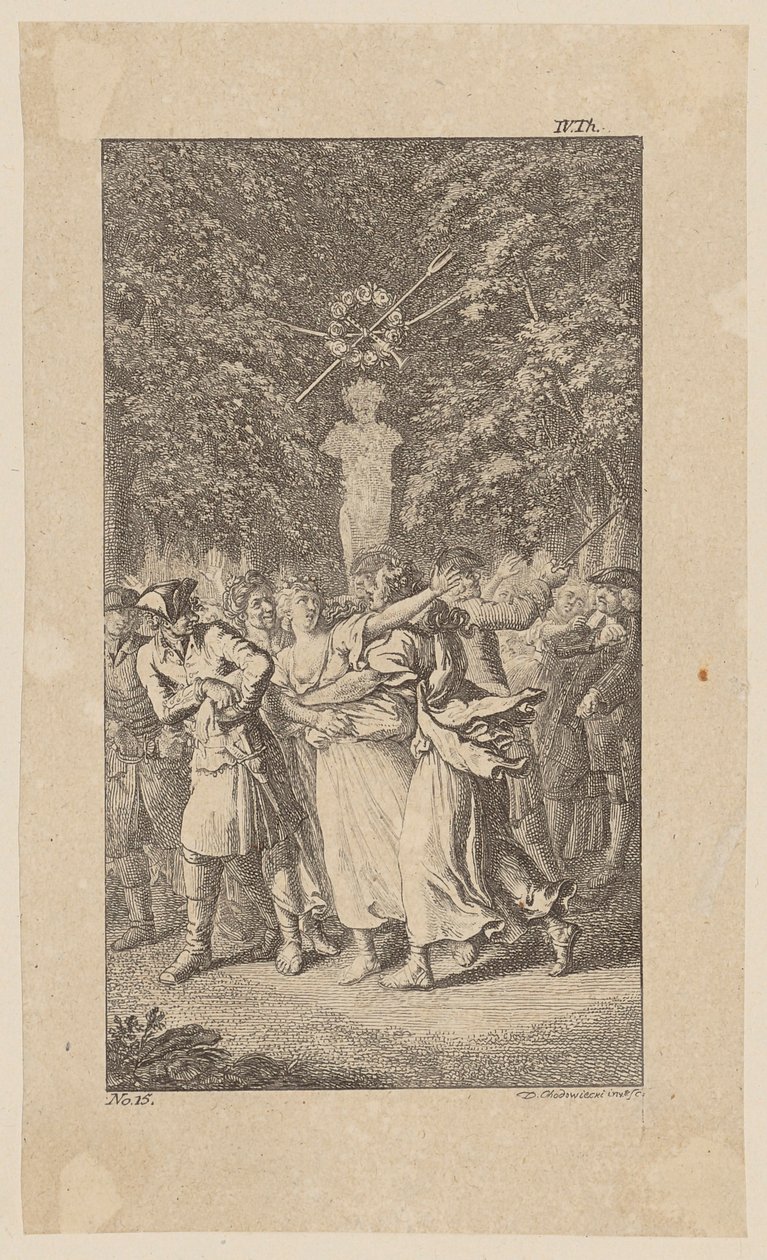 El secuestro de la señorita West durante una representación de una obra de Molière en un bosquecillo, lámina 15 de «Vida, observaciones y opiniones de Johann Bunkel» de Daniel Nikolaus Chodowiecki