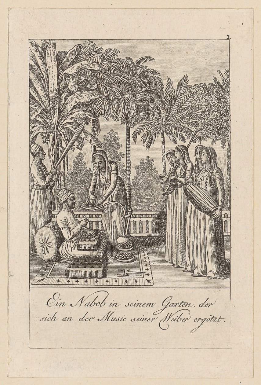 Nabab en su jardín, lámina 3 de la serie «Costumbres de las Indias Orientales» de Daniel Nikolaus Chodowiecki