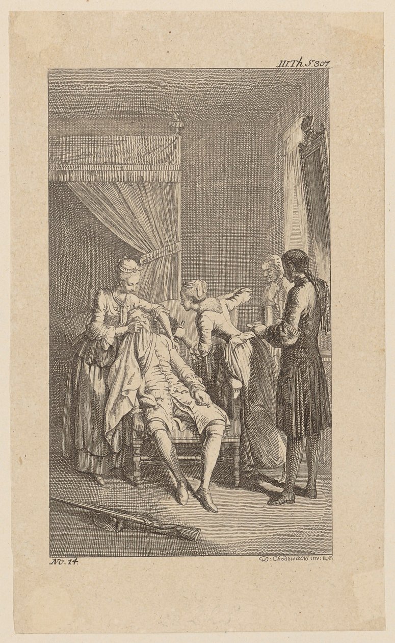 Durour, desmayado, en casa de su antigua amante, la señorita Dellon; página 14 de «Vida, observaciones y opiniones de Johann Bunkel» de Daniel Nikolaus Chodowiecki
