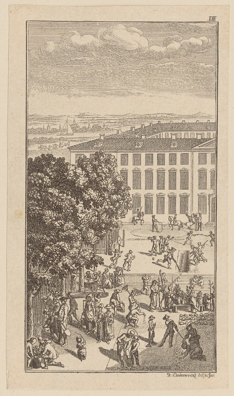 Edificio del seminario, con ejercicios gimnásticos y trabajos de jardinería delante de Daniel Nikolaus Chodowiecki
