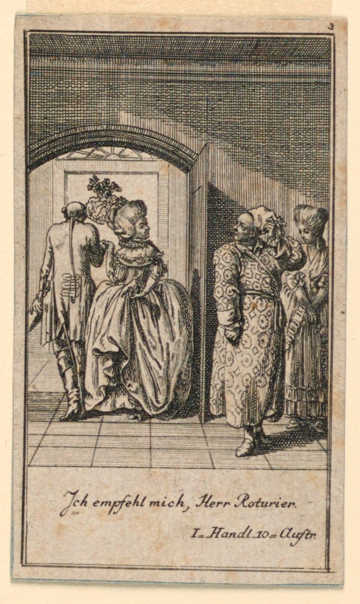 La pareja anciana terminando una visita con altivez, ilustración de la obra "Nicht mehr als sachs Schuesseln" de Fredrich Wilhelm Grossman en "Königl: Grosbrit [anische] Genealogischer Kalender auf das 1782 Jahr Lauenberg bey J.G. Berenberg" de Daniel Nikolaus Chodowiecki