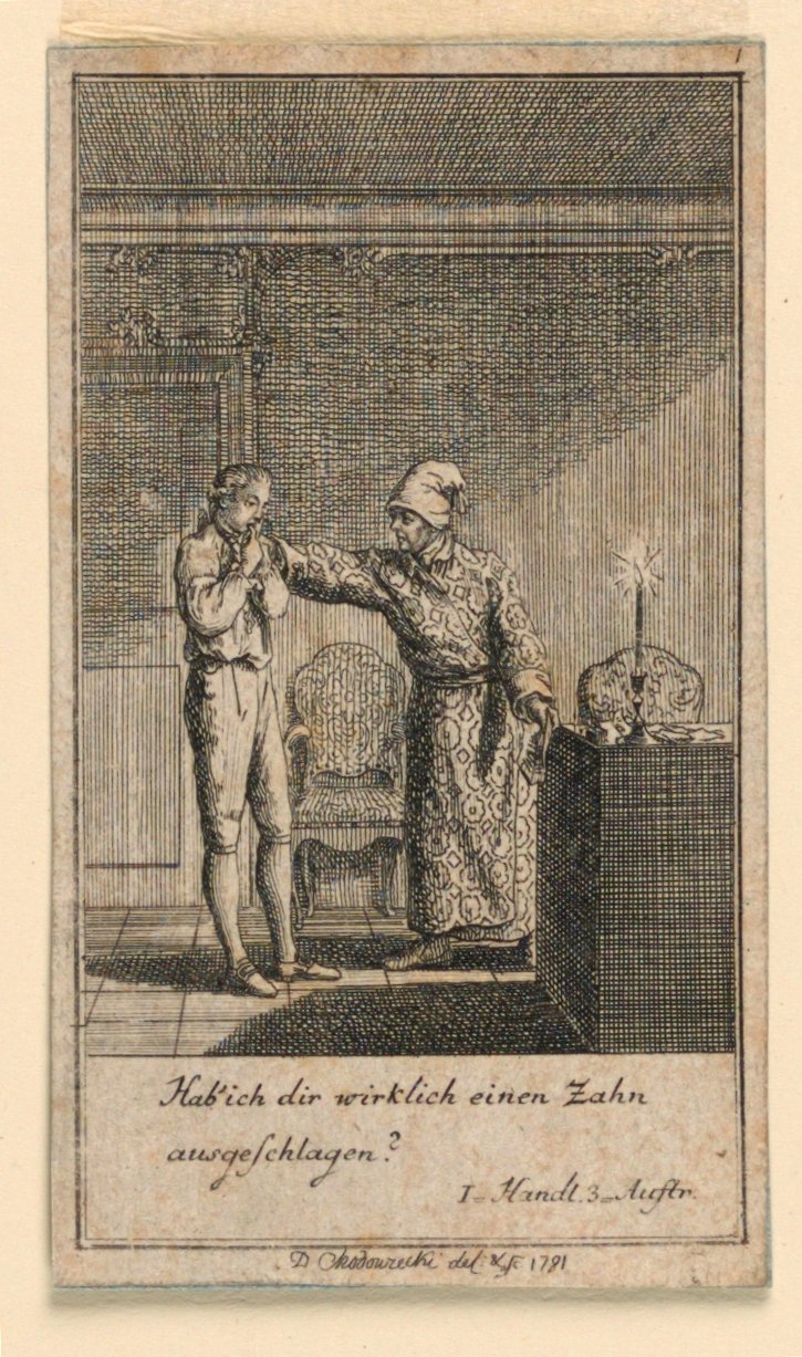 La bofetada, Ilustración de la obra "Nicht mehr als sachs Schuesseln" de Fredrich Wilhelm Grossman en "Königl: Grosbrit [anische] Genealogischer Kalender auf das 1782 Jahr Lauenberg bey J.G. Berenberg" de Daniel Nikolaus Chodowiecki