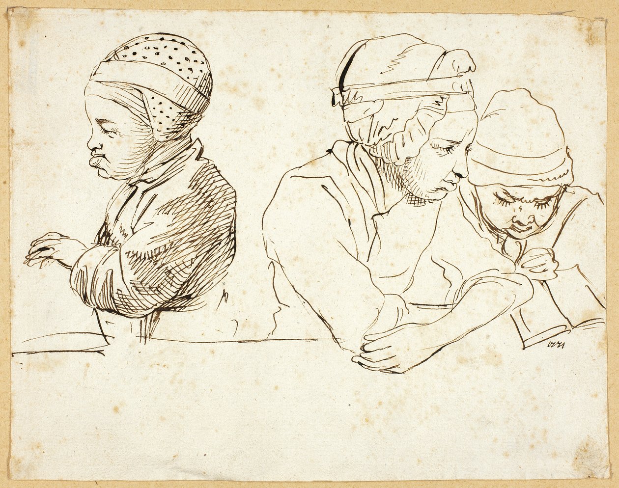 Tres niños (recto); Bocetos de cabeza, ojos, labios y flores (verso) de Daniel Nikolaus Chodowiecki