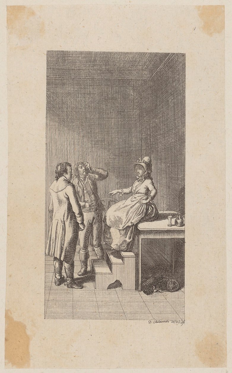 Grabado en cobre de la portada de «Jacob y su señor», de Diderot, primera parte de Daniel Nikolaus Chodowiecki