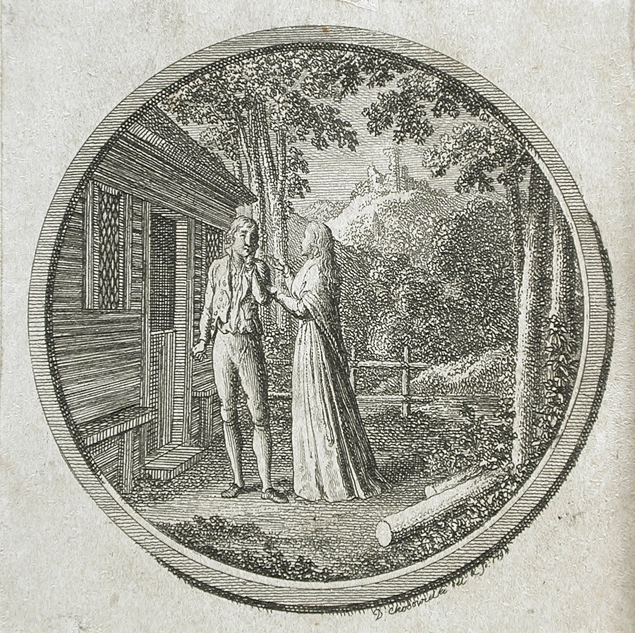 Página de título y viñeta de «Klara Du Plessis», de La Fontaine de Daniel Nikolaus Chodowiecki