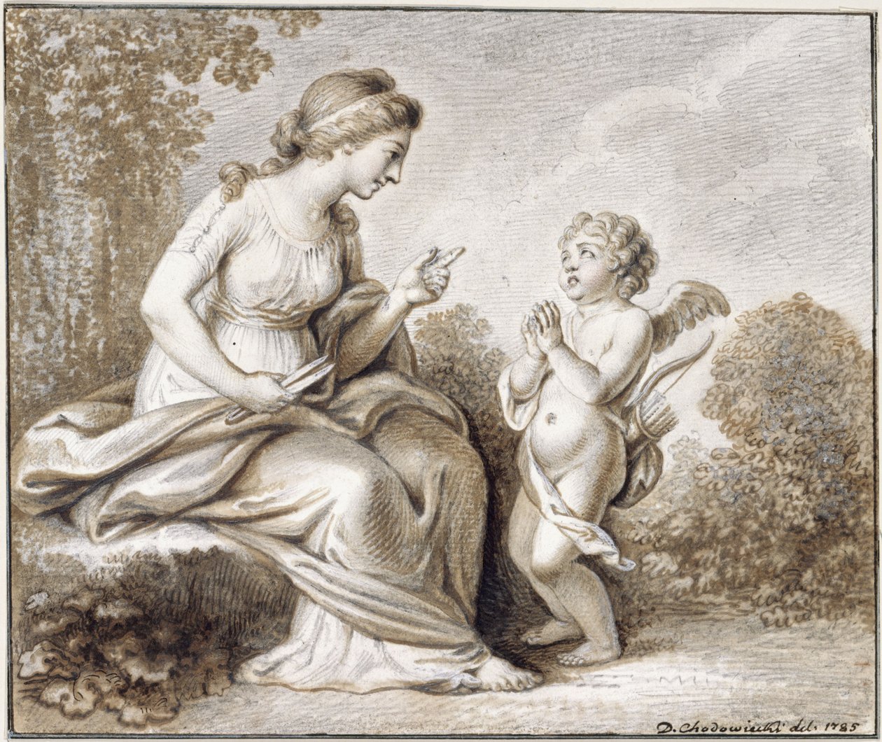 Venus amenaza con cortar las alas a Cupido, que está de pie a su derecha de Daniel Nikolaus Chodowiecki