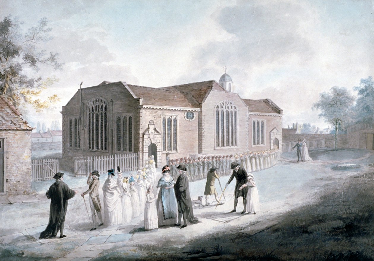 Una procesión de escolares entrando en Broadway Chapel, Westminster, Londres de Daniel Orme
