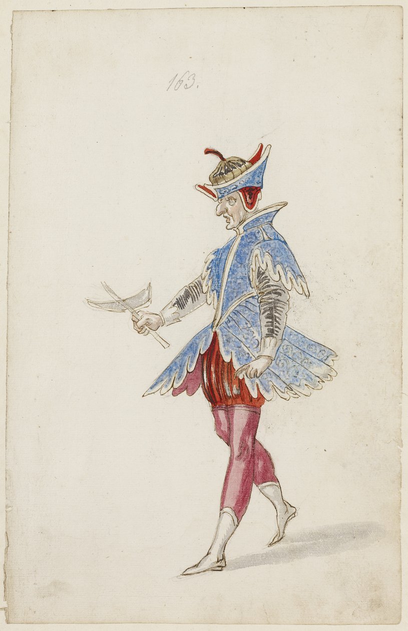 Figura masculina en un traje azul y rojo del Ballet des quatre saisons de l