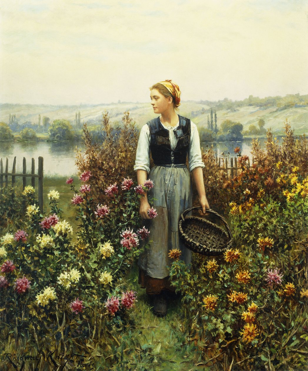 Niña con una cesta en un jardín de Daniel Ridgway Knight