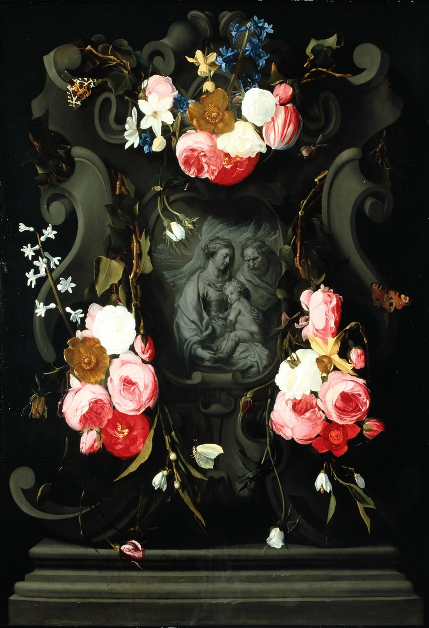 Guirnalda de flores con la Sagrada Familia, 1625-27 de Daniel Seghers