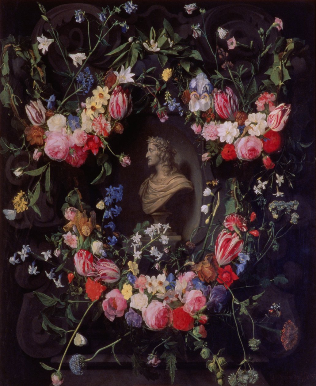 Guirnalda de flores rodeando un busto de mármol del Archiduque Leopoldo Guillermo, c.1647 de Daniel Seghers