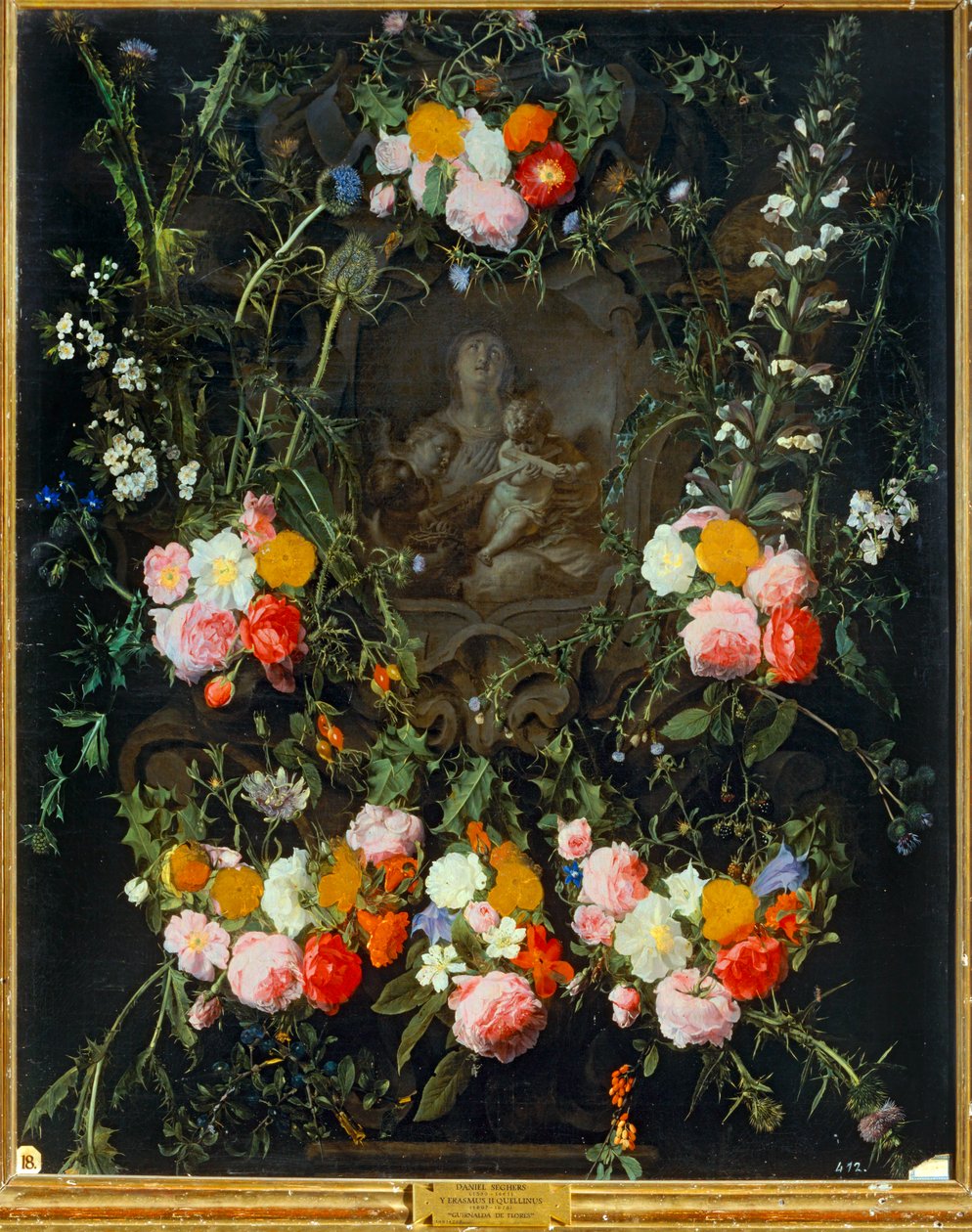 Virgen con corona de flores (óleo sobre lienzo) de Daniel Seghers