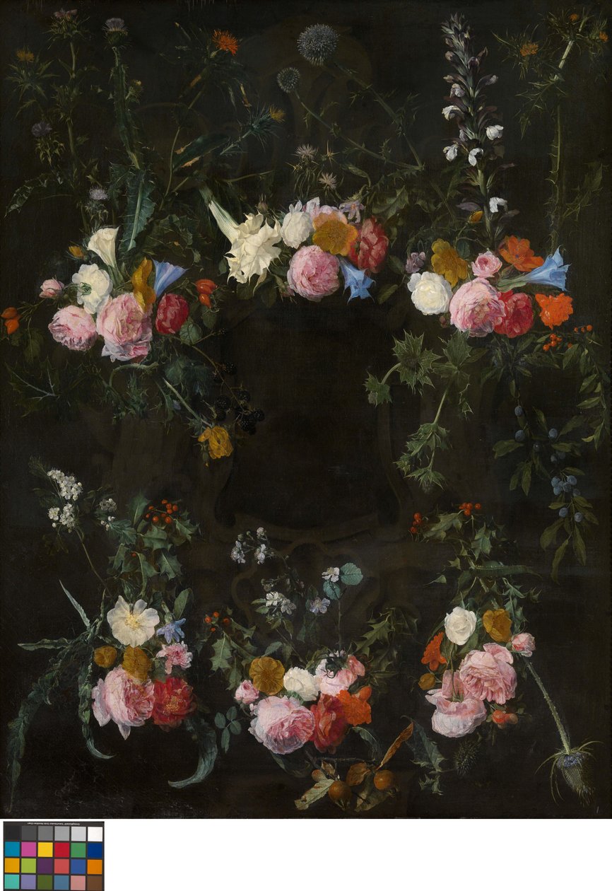 Cartela esculpida adornada con guirnaldas de flores de Daniel Seghers