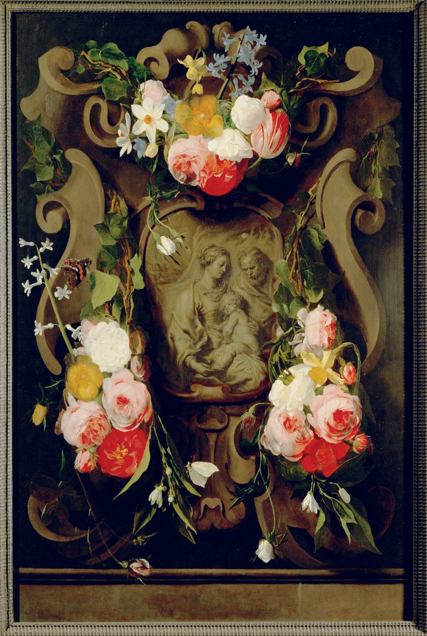 Bodegón con la Sagrada Familia (óleo sobre madera de roble) de Daniel Seghers