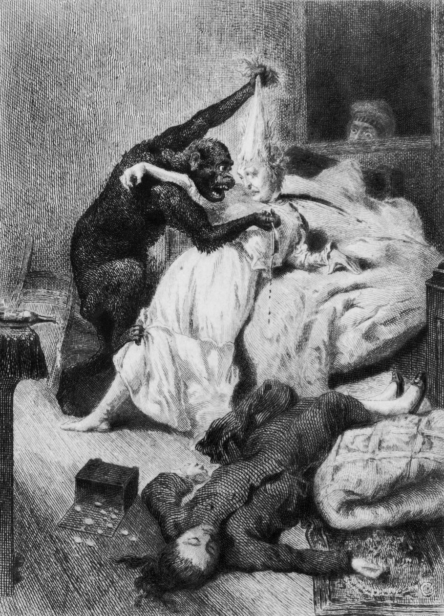 Ilustración de "Los crímenes de la calle Morgue" de Edgar Allan Poe (1809-49) grabada por Eugene Michel Abot (1836-94) (grabado) (fotografía en blanco y negro) de Daniel Urrabieta (after) Vierge