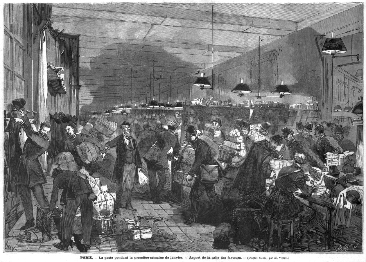 Interior de la oficina de correos de París durante la primera semana de enero, la sala de los carteros, grabado por Fortune Louis Meaulle de Daniel Urrabieta Vierge