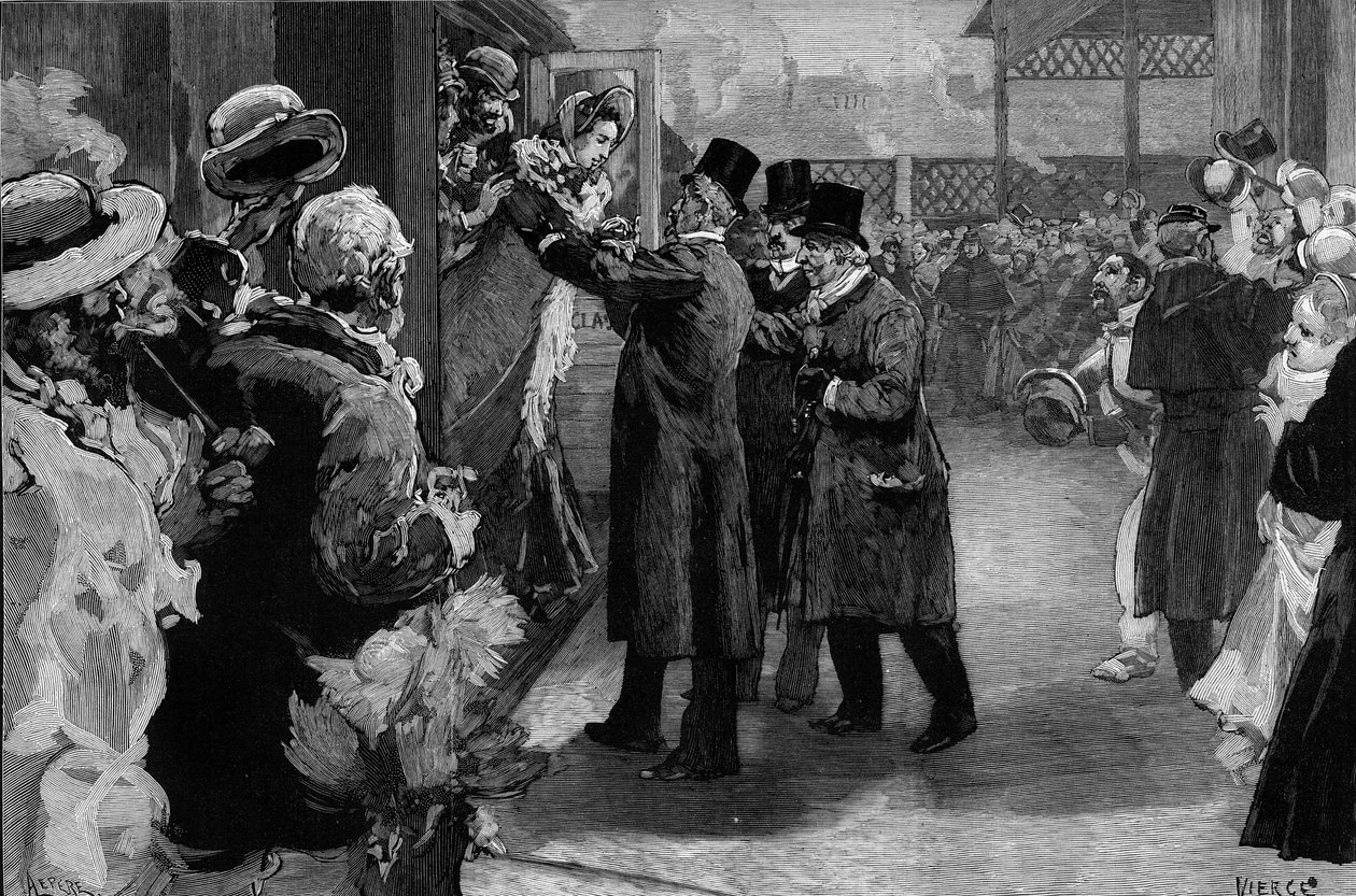 Louise Michel regresó a Francia (1830-1905) después de su deportación por su participación en la Comuna de París. Fue recibida en la estación de Saint Lazare por Henri Rochefort (1831-1913), Louis Blanc (1811-1882) y Georges Clemenceau (1841-1929) de Daniel Urrabieta Vierge