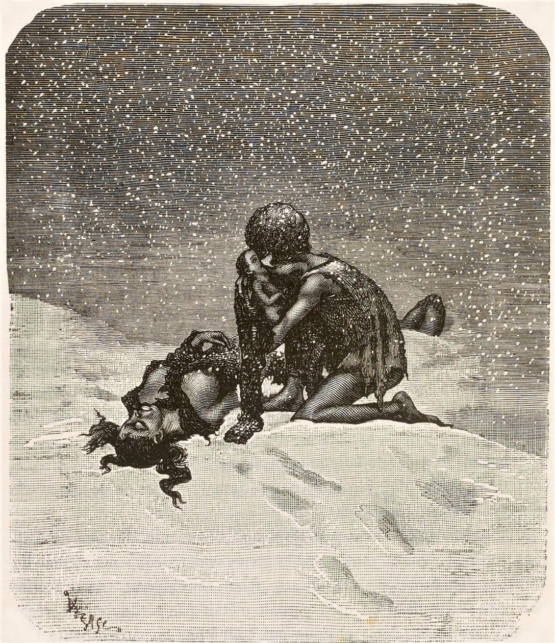 El hombre que ríe - Gwynplaine y la pequeña Dea, por Daniel Vierge de Daniel Vierge
