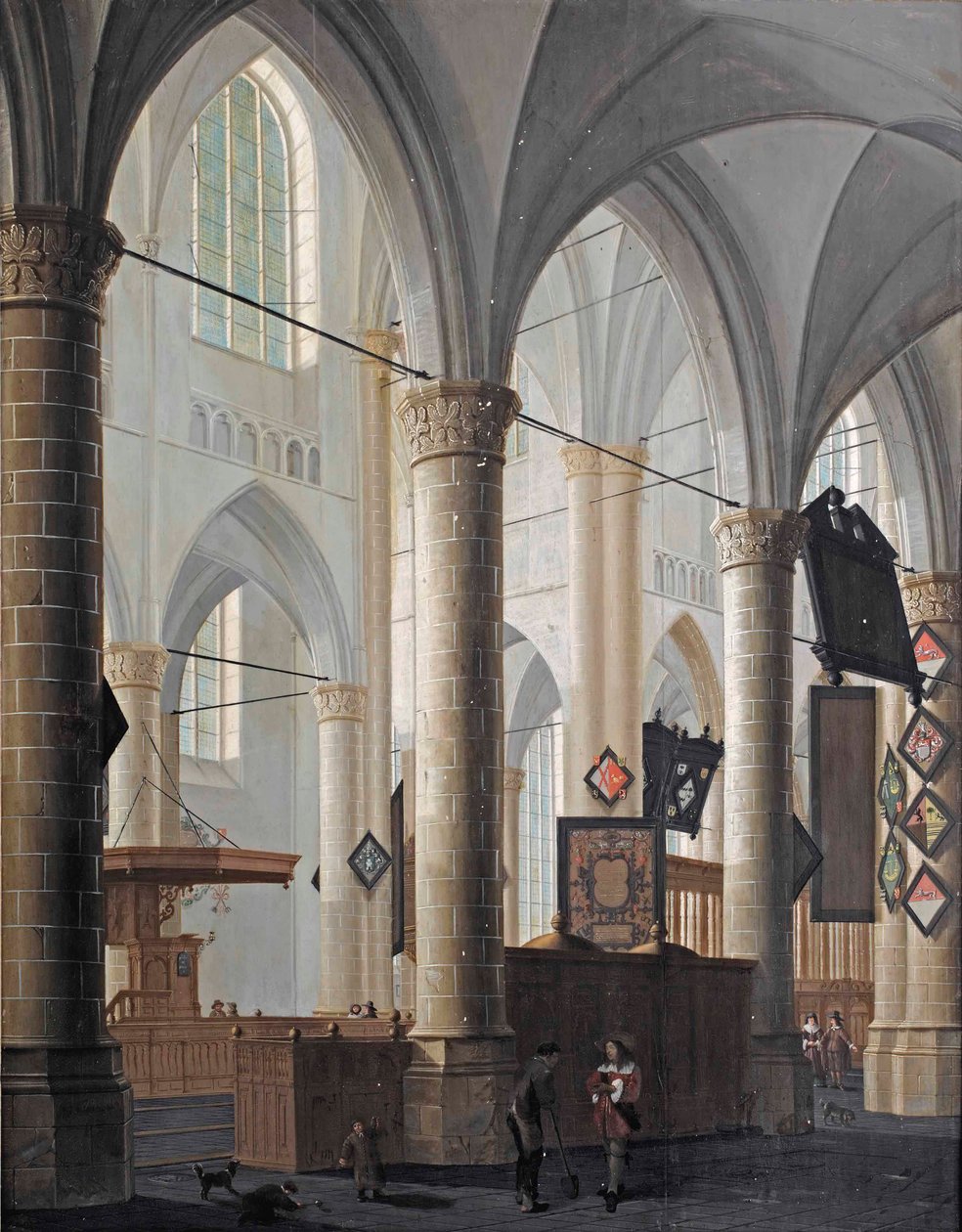 El interior de la Grote Kerk en Dordrecht, con figuras conversando y niños jugando de Daniel de Blieck