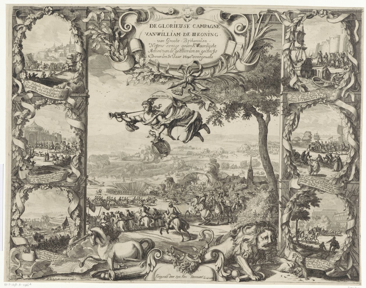 Victorias del rey Guillermo III en Irlanda (mitad superior), 1690 La gloriosa campaña de Guillermo III Rey de Gran Bretaña Neffens Ocurrieron algunas de las acciones más memorables de los aliados y confederados en el año 1690 (título en de Daniel de Lafeuille