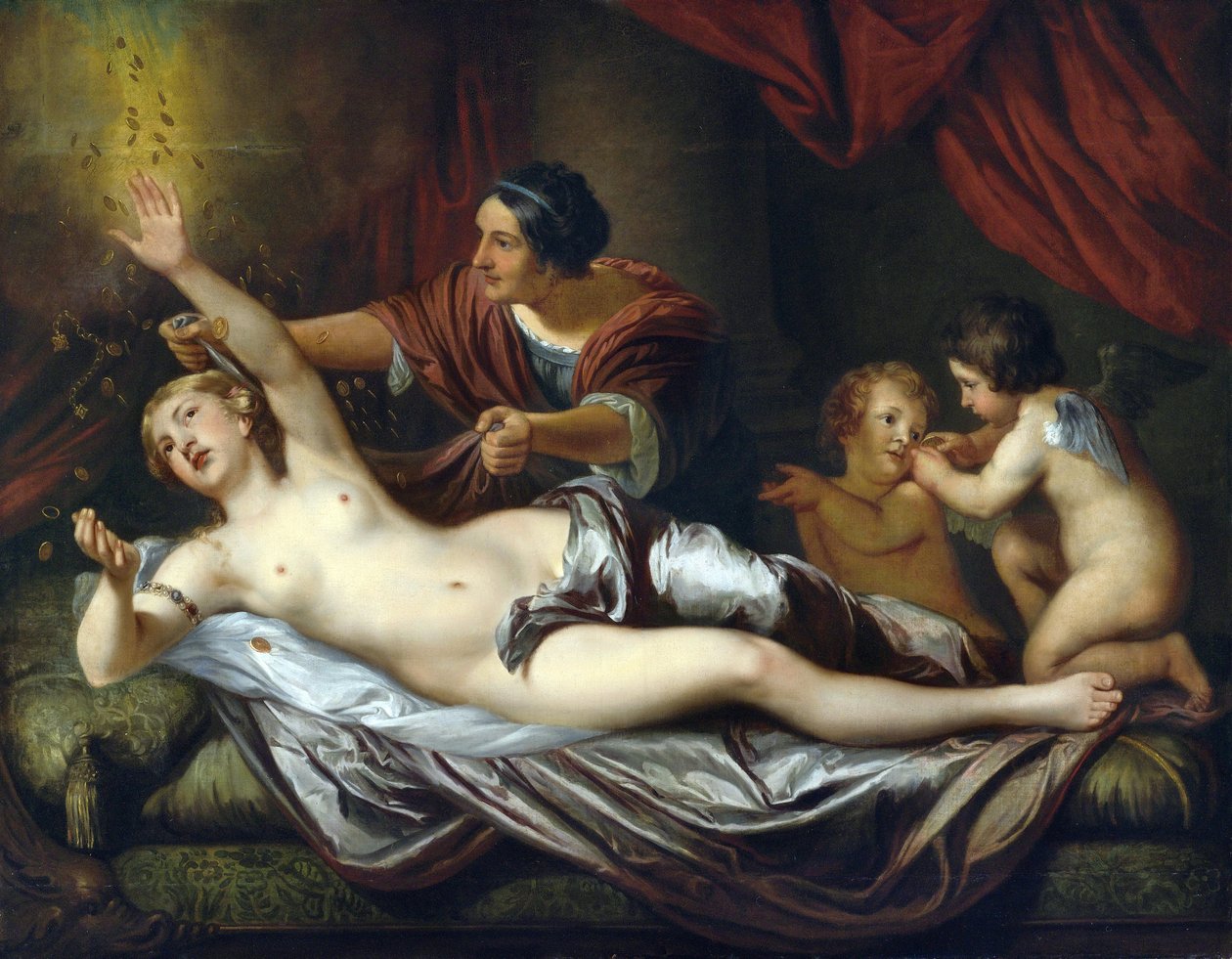 Danae par Mytens (Mijtens), Daniel, el Joven (1644-1688). Óleo sobre lienzo, tamaño : 143x183,5, Segunda mitad del siglo XVII, Colección privada de Daniel the Younger Mytens or Mijtens