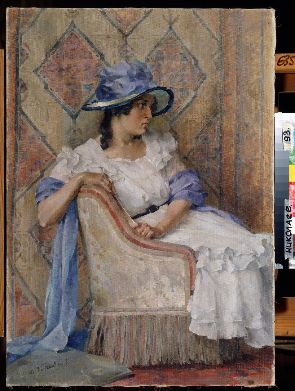 Femme en blanc (Dama de blanco). Pintura de Danill Karpovich Kraynev (1872-1949), papel sobre papel, arte moderno ruso, finales del siglo XIX-principios del siglo XX. Regional W. Wereshchagin Art Museum, Mykolaiv (Ucrania). de Danil Karpovich Kraynev