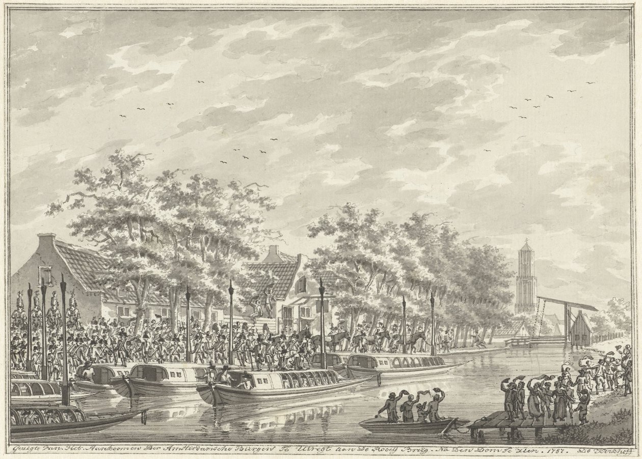 Llegada de los Amsterdammers a Utrecht, 1787 Vista De La Llegada De Los Ciudadanos De Amsterdam En Utregt En De Rooy Brug. Después de Den Dom para ver. 1787. (título sobre objeto) de Daniël Kerkhoff