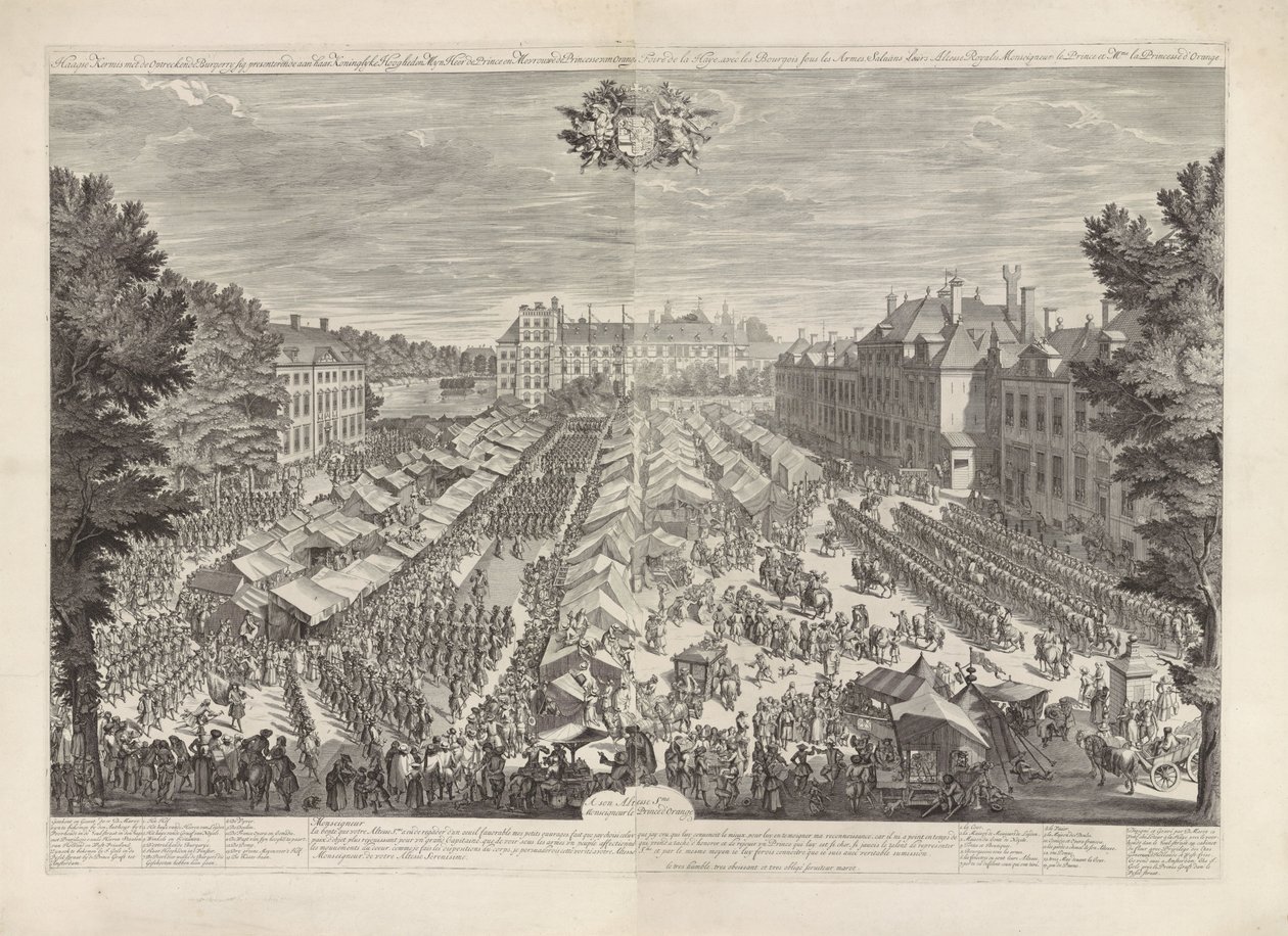 Feria de La Haya con el Príncipe y la Princesa de Orange, 1686 La feria de La Haya con el cartel de hamburguesas en ascenso presentando a sus Altezas Reales mi señor el príncipe y la señora princesa de Orange / Foire de la Haye, avec les bourgois sous les  de Daniël Marot (I)