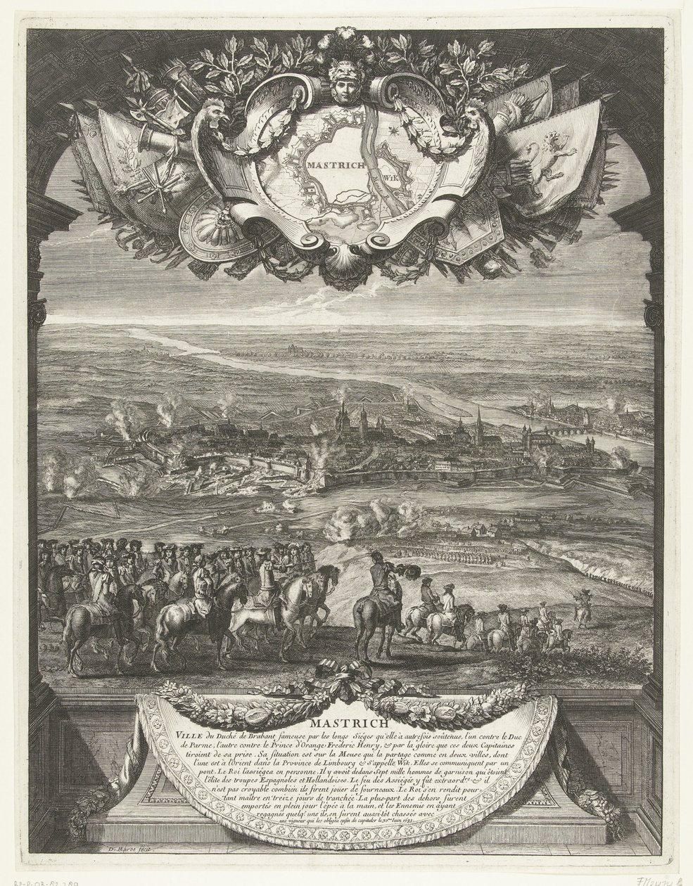 Conquista de Maastricht por los franceses el 30 de junio de 1673 Mastrich (título sobre el objeto) Grandes Conquêtes du Roi (título de la serie) de Daniël Marot (I)