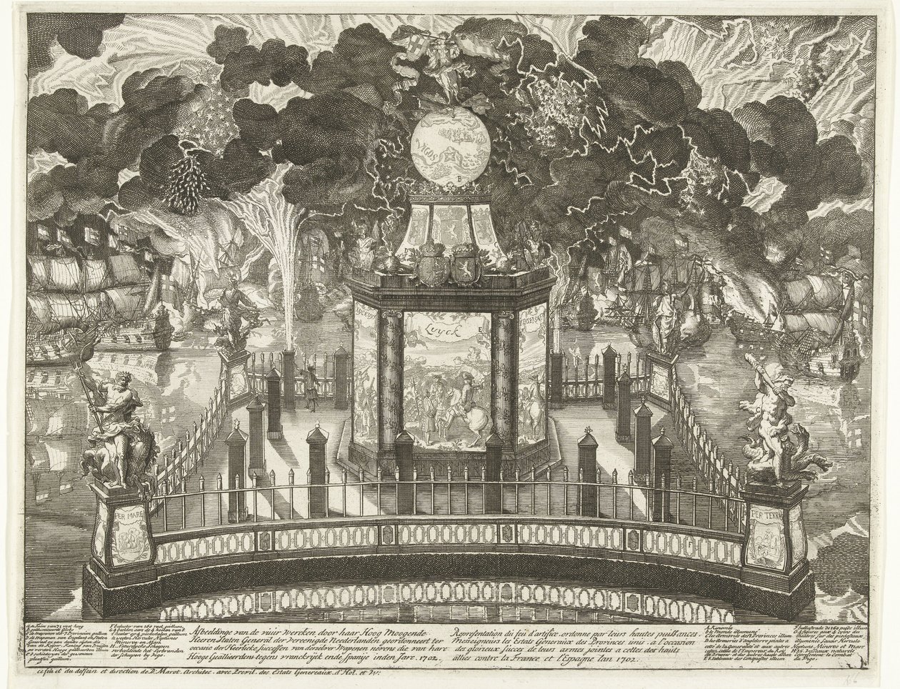Fuegos artificiales en el Hofvijver en celebración de la victoria en Vigo, 1702 Representaciones de los fuegos artificiales de Her Hoog Moogde Heeren Staten General der Vereenigde Neederlanden ordenados para el uso de los éxitos de Heerlicke de otras armas de Daniël Marot (I)
